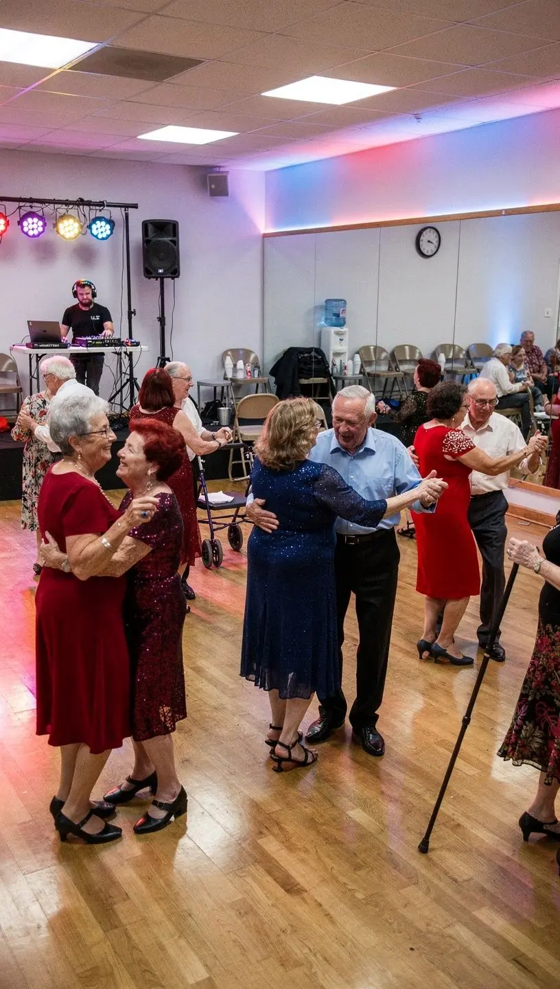 Active seniors dancing and engaging in coaching session.